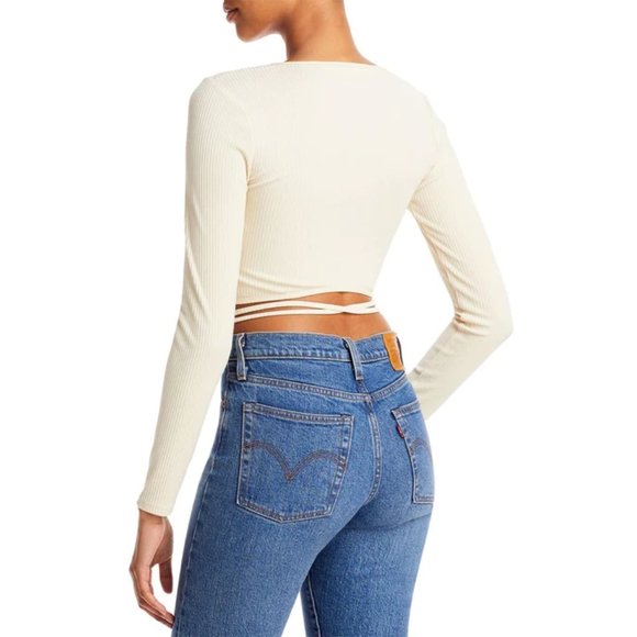 ASTR THE LABEL ELAINA RIBBED KNIT KEYHOLE TIE FRONT CROPPED TOP IN BONE NWT - Picture 4 of 7